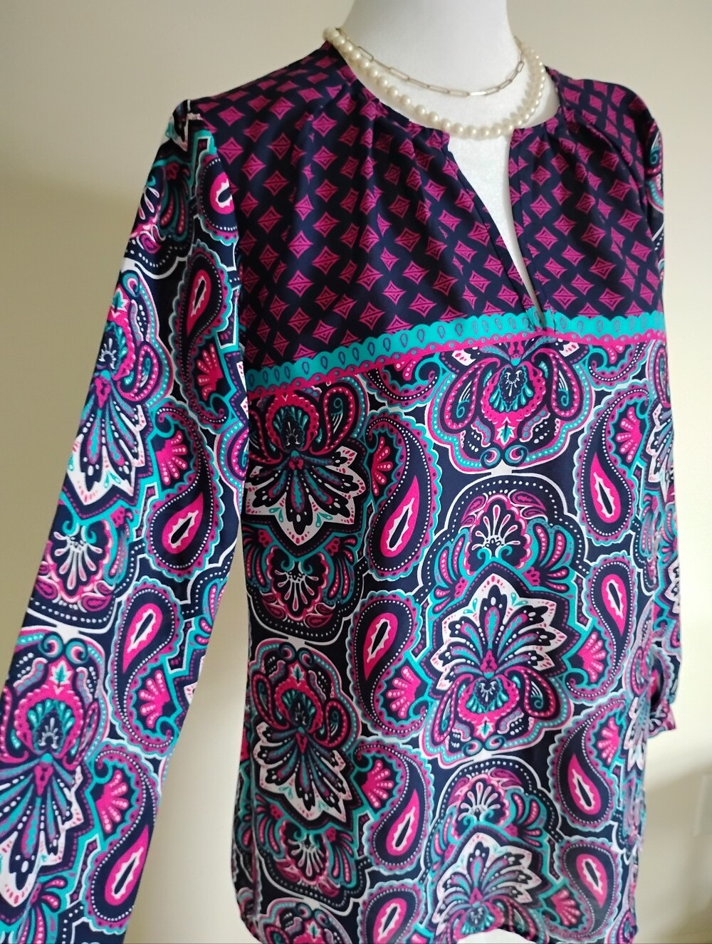 Hatley Popover Style Top Floral Paisley Navy Blue Pink Turquoise Boho Sz Small